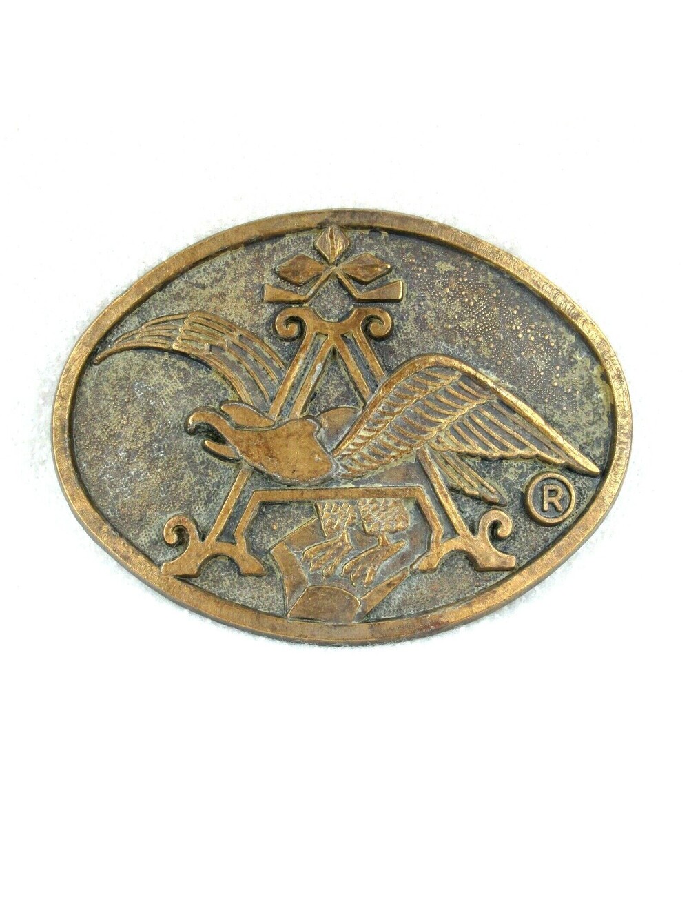 Vintage 1970's Anheuser Busch Beer Belt Buckle Brass tone Metal Eagle Logo Ad